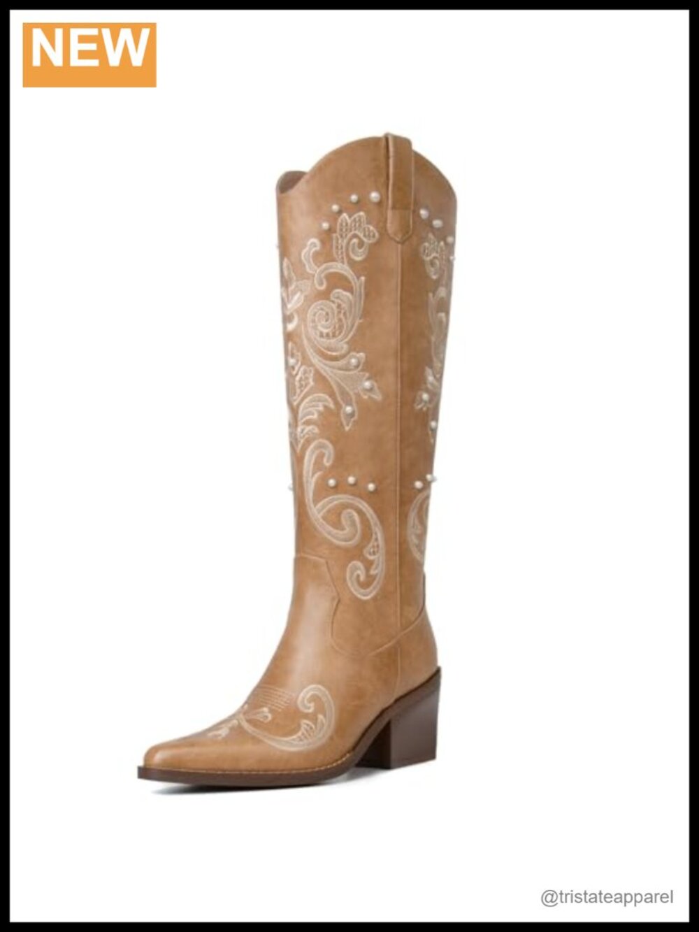 Women's Knee High Cowboy Boots Faux Leather Chunky Heel Pointed Toe Embroidered